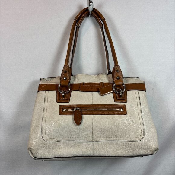 Coach Designer Leather Tote Bag In Cream & Brown With Zippered Pocket & Dual Han - Picture 1 of 13